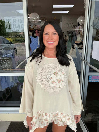Women's Mello Ditsy Floral & Crochet Ruffle Top in light pastel colors, featuring intricate crochet ruffles. Final sale item.