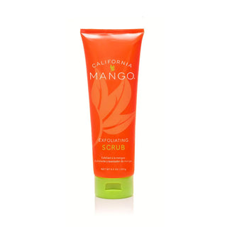 California Mango exfoliating scrub in bright orange tube with mango leaf design and green cap.
