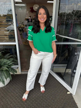 Jess Lea Ruffle Sleeve RicRac Top in multiple colors, final sale, featuring stylish ruffle sleeves and intricate ricrac detail.