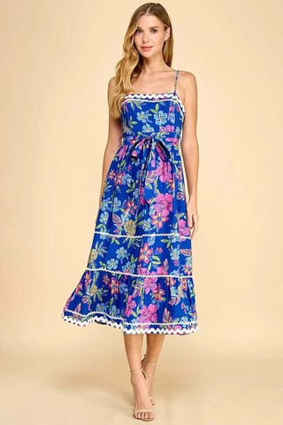 Royal Blue Tropical Floral RicRac Midi Dress displayed on a mannequin against a white background. Perfect for summer fashion.
