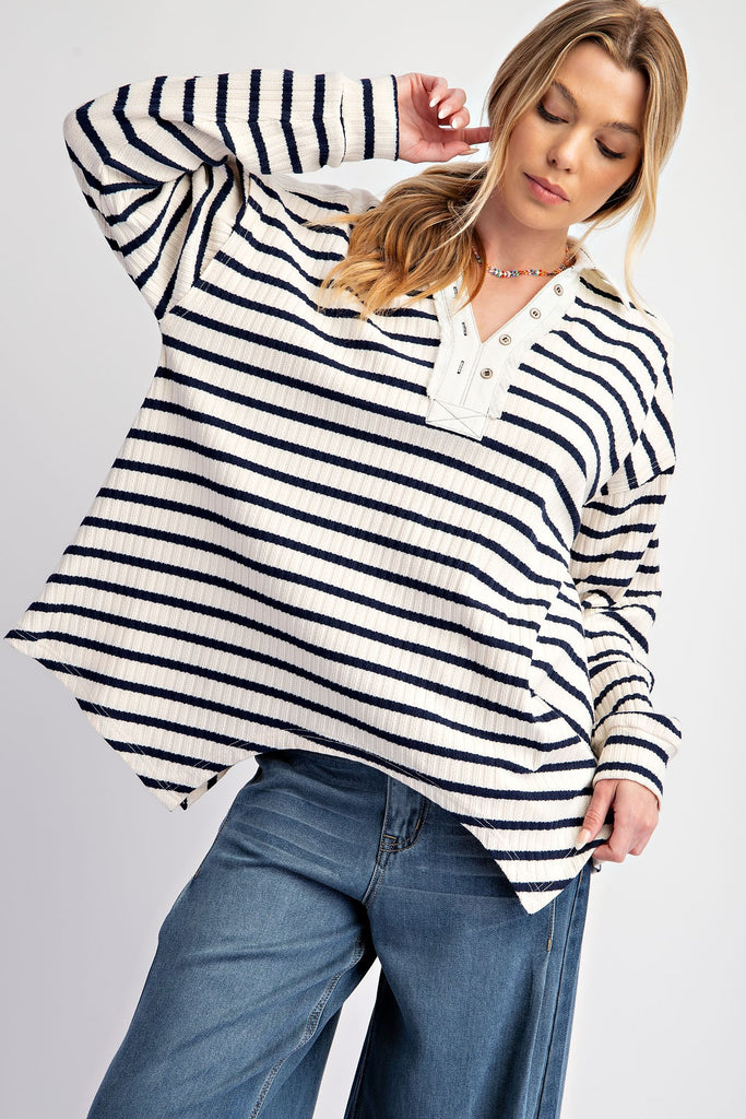 Easel Navy & Ivory Stripe Loose Fit Shark Hem Top - The Gypsy Belle Boutique