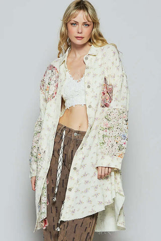 POL Ivory & Floral Longline Button-Down Duster: Elegant women's outerwear with vibrant floral design, perfect for layering.