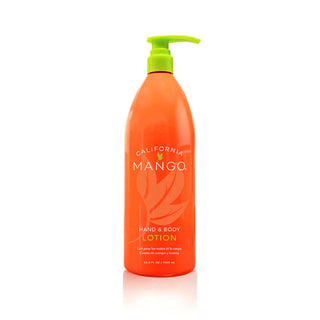 California Mango hand and body lotion bottle with orange liquid and green pump dispenser.
