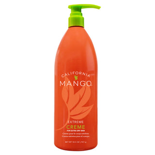 California Mango Extreme Creme body lotion bottle with orange label and green pump dispenser.
