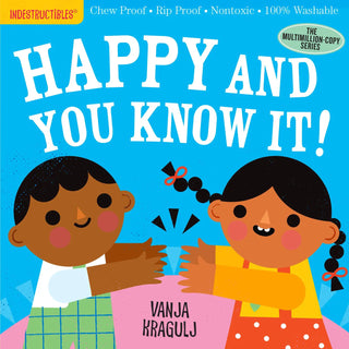 Colorful children's board book cover with two cartoon kids clapping hands against bright blue background.
