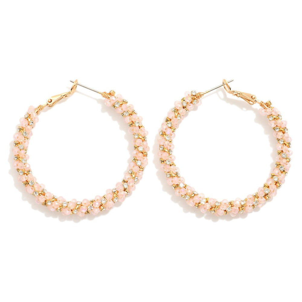 Blush Bead & Rhinestone Spiral Hoop Earrings - The Gypsy Belle Boutique