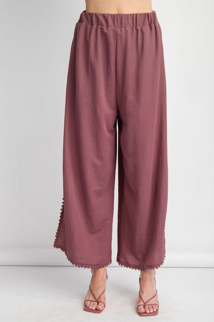 Easel - Faded Plum Poly-Linen Mini Tassel Pants - The Gypsy Belle Boutique