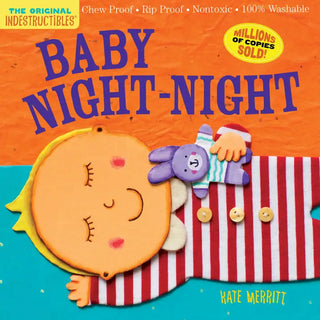 Colorful baby board book cover with sleeping moon character and purple teddy bear on striped red and white blanket.
