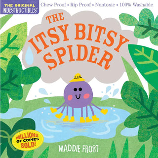 Purple spider character with yellow legs on blue water, surrounded by green leaves and flowers on white background.
