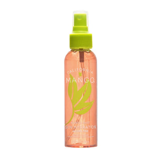 Coral-colored mist spray bottle with lime green cap labeled California Mango Skin Hydration.
