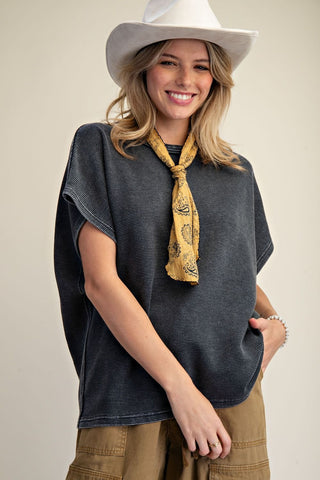 Charcoal oversized drop shoulder tee with short sleeves and textured fabric, styled with yellow bandana.
