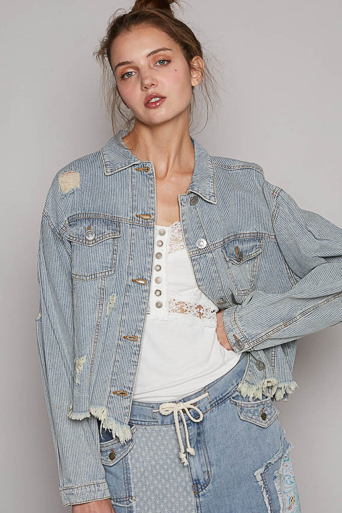 POL Lt Wash Striped Denim Distressed Jacket - The Gypsy Belle Boutique