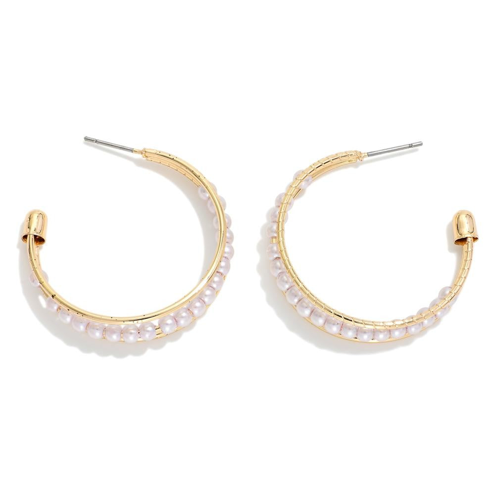 Gold Tapered Hollow Hoop Pearl Earrings - The Gypsy Belle Boutique