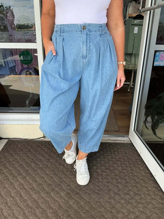 Stylish Chambray Gypsy Fit Ankle Pant in White Birch, featuring a relaxed silhouette and trendy ankle-length design.