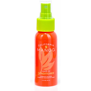 California Mango leave-in conditioner spray bottle with bright red-orange label and lime green spray top.
