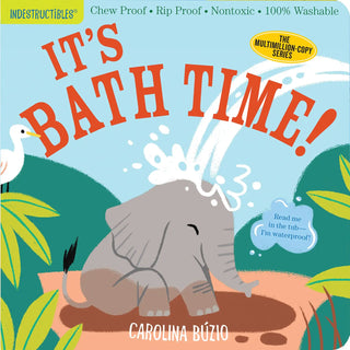 Gray elephant splashing in water with "It's Bath Time" text on blue background with green foliage.

