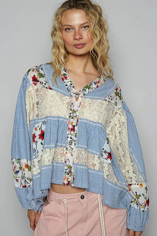 POL Blue Stripe & Floral Mix Print Top