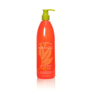 California Mango hand and body lotion bottle in bright coral-red with green pump dispenser.
