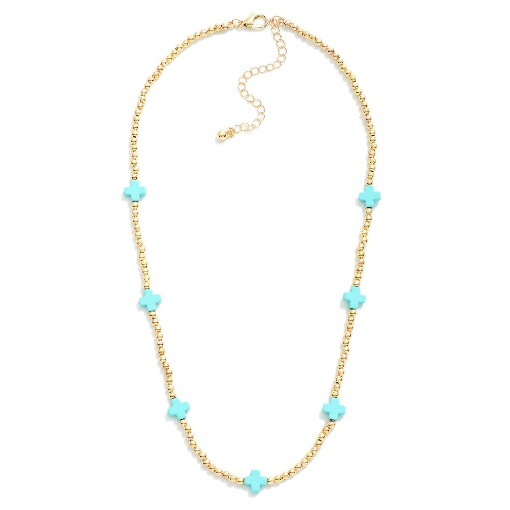 Turquoise Dainty Cross Gold Bead Necklace - The Gypsy Belle Boutique