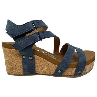 VeryG Hariett Navy Wedge Sandal with woven straps and cork platform; stylish and comfortable summer footwear.