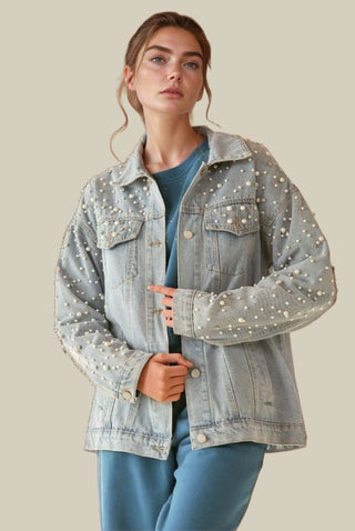 Davi & Dani Rhinestone & Pearl Denim Jacket