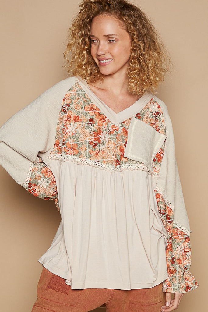 POL Oatmeal & Fall Floral Mix Print Top - The Gypsy Belle Boutique