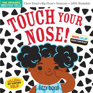 Touch Your Nose board book cover with illustrated child's face and tactile nose feature on black and white pattern background

