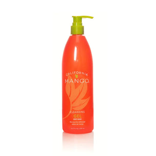 California Mango Cleansing Gel in red bottle with green pump dispenser.
