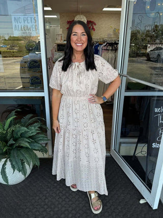 French Vanilla Eyelet Short Sleeve Maxi Dress, Final Sale; elegant summer outfit with embroidered details and relaxed fit.