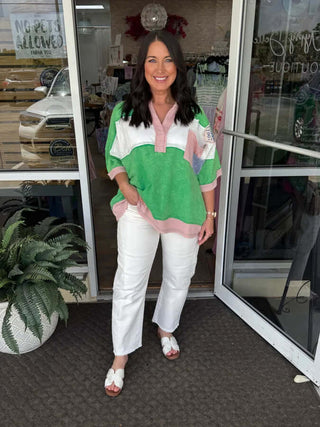 Oli & Hali 7 Varsity Green & Pink Colorblock Top – Trendy Fashion Top with Bold Color Contrast