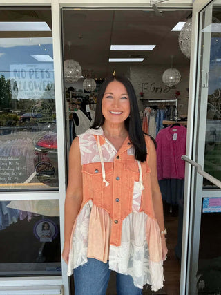 Stylish Mineral Wash Orange Ruffle Flare Hem Hooded Vest Top by Oli & Hali for a chic, boho-inspired look.