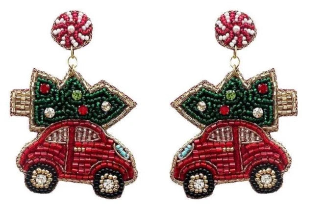 Red Car with Christmas Tree Seed Beaded 3" Earrings - The Gypsy Belle Boutique