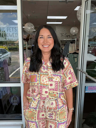 Colorful Paisley Patchwork Button Front Top by Doe & Rae, showcasing a vibrant bohemian style perfect for any casual occasion.