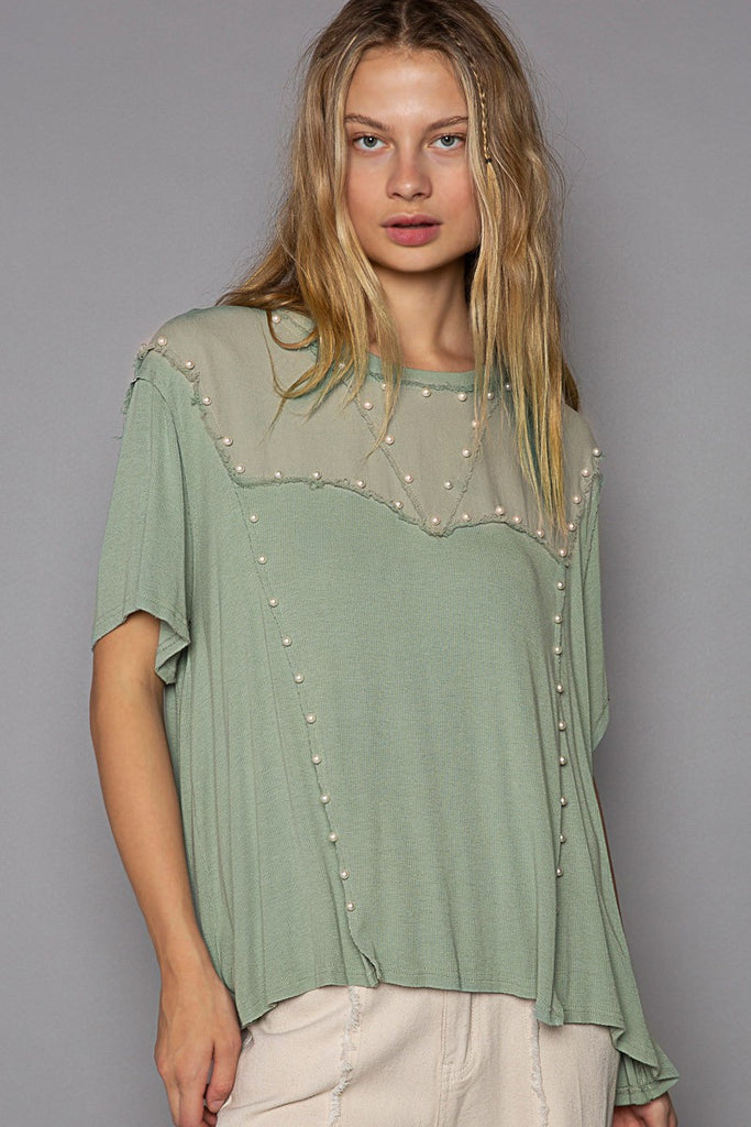 POL - Dusty Mint & Pearl Contrast Top - The Gypsy Belle Boutique