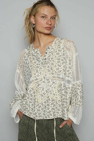 POL cream & gray floral star patch hoodie top with crochet detail, featuring a stylish and comfortable design.