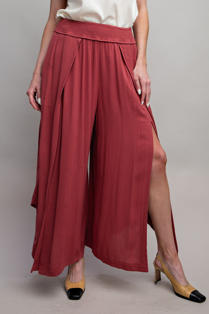 Easel - Red Bean Split Front Wide Leg Pants - The Gypsy Belle Boutique