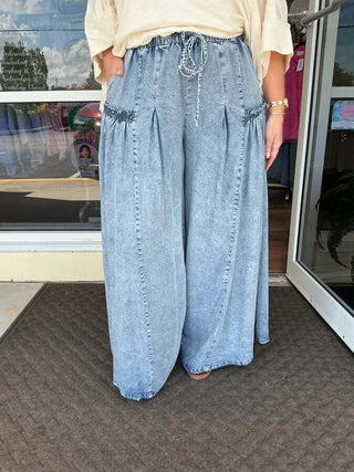 Stylish Washed Tencel Wide Leg Pants by Oli & Hali in a versatile blue shade, perfect for chic, comfortable styling.