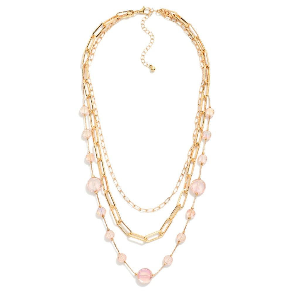 Pink Stone & Gold Layered Chain Link Necklace - The Gypsy Belle Boutique