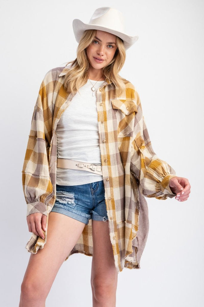 Easel - Mustard & Ash Plaid Oversized Shirt Dress - The Gypsy Belle Boutique