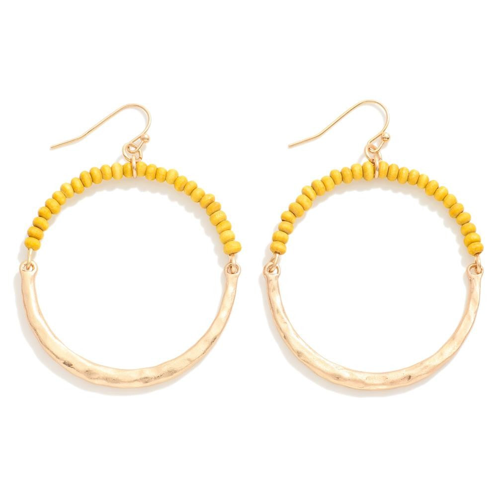 Yellow Wood Bead & Gold Hammered Hoop Drop Earrings - The Gypsy Belle Boutique