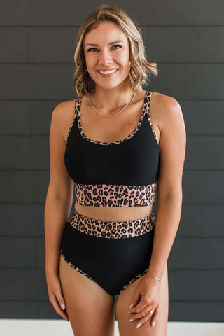 Black & Leopard Ribbed Two-Piece Swimsuit Set, Final Sale - chic and trendy beachwear for a stylish summer look.