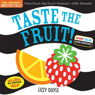 Colorful board book cover with illustrated lemon slice and strawberry on white and black striped background.
