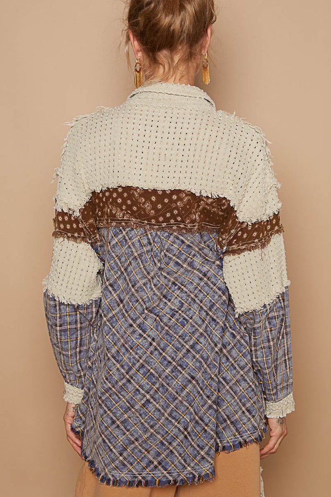 POL - Oatmeal, Brown & Blue Plaid Mixed Fabric Top - The Gypsy Belle Boutique