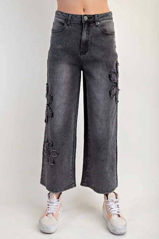 Easel Black Wide Leg Denim Daisy Stretch Pants on Display - Final Sale Fashion Piece