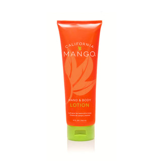 California Mango hand and body lotion tube with orange label and green cap.
