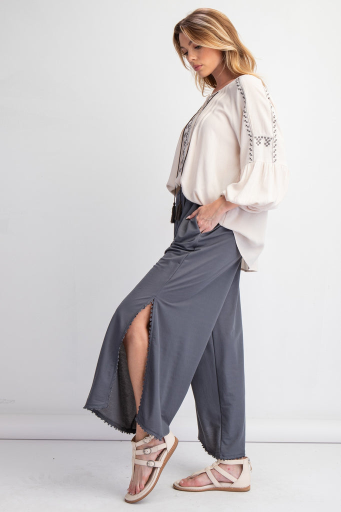 Easel - Ash Grey Poly-Linen Mini Tassel Pants - The Gypsy Belle Boutique