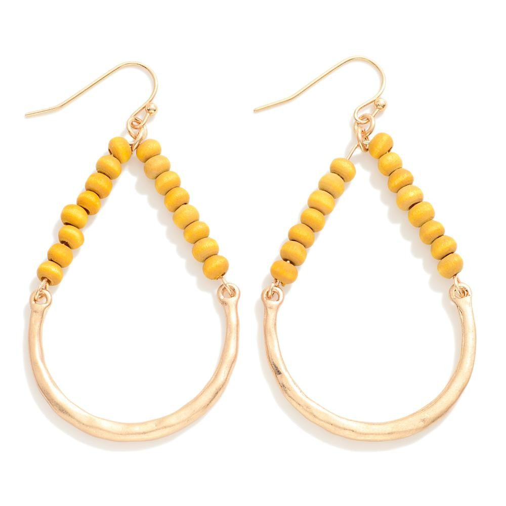 Yellow Wood Bead & Gold Hammered Teardrop Earrings - The Gypsy Belle Boutique