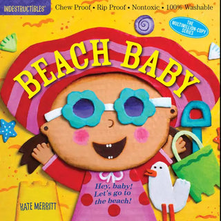 Cheerful beach-themed board book with smiling character wearing turquoise flower sunglasses and red hat on yellow cover.
