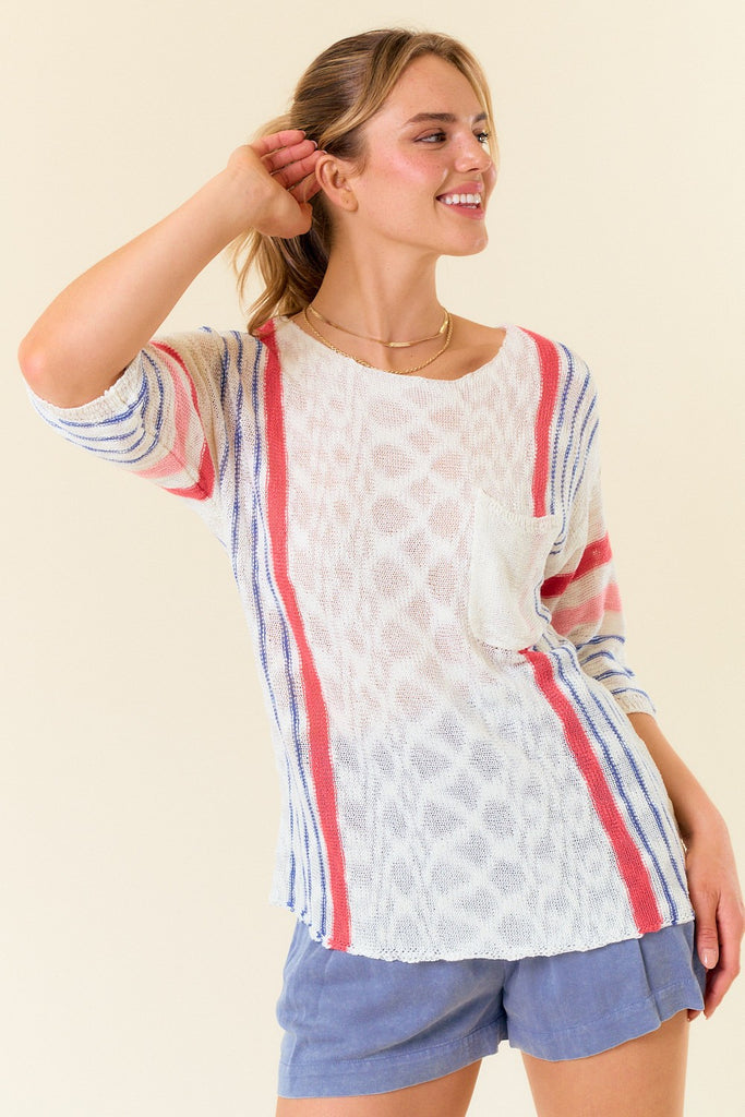 FINAL SALE Doe & Rae Ivory Striped Lightweight Sweater - The Gypsy Belle Boutique