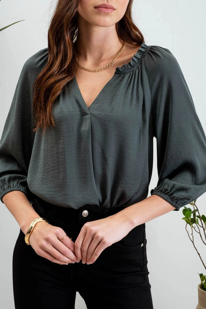 Blu Pepper - Forest Green Split Neck 3/4 Sleeve Top - The Gypsy Belle Boutique